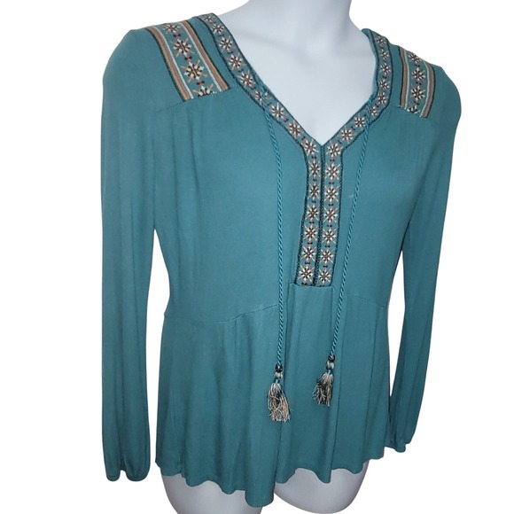 Artesia Peplum Long Sleeve Tassel Knit Lace Embroidered Boho Peasant M Aztec Y2K - Picture 4 of 10